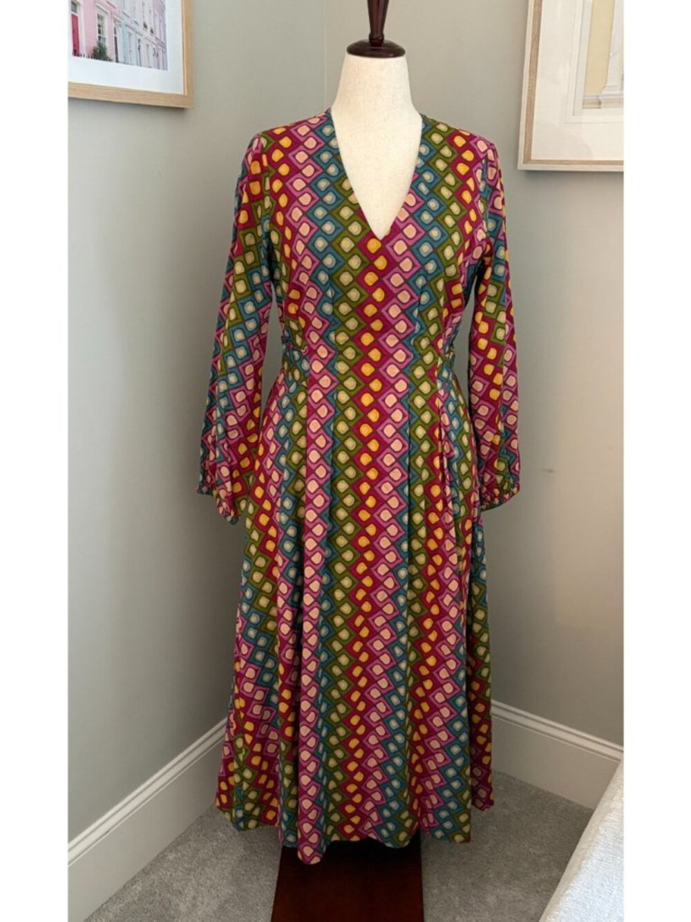 LIVRO Maxi Dress Size M Geometric Print 100% Cotton Block Mod Print Preppy